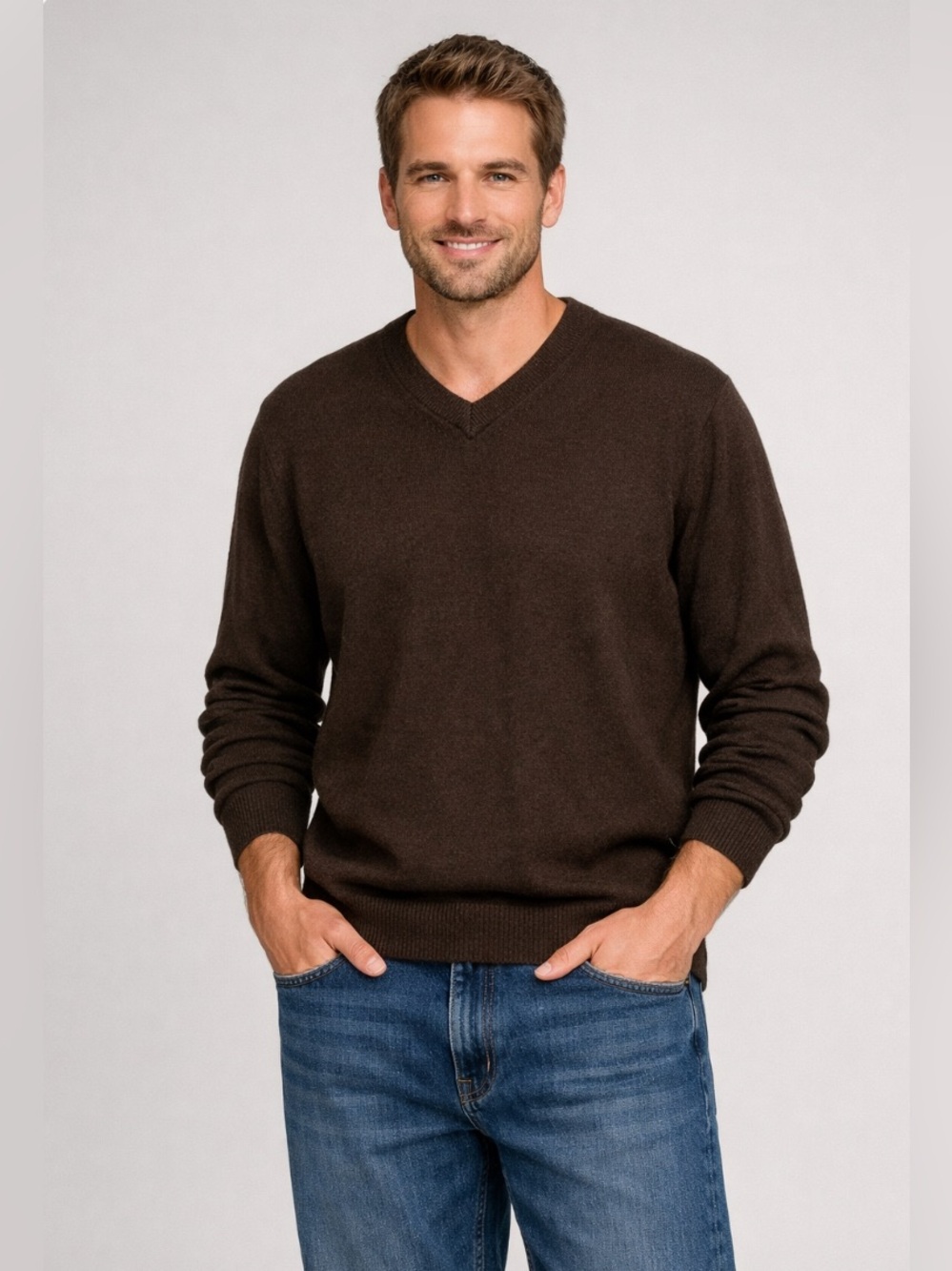 J. Crew Cashmere Cotton Blend Brown V-Neck Sweater Retro Academia Large Preppy
